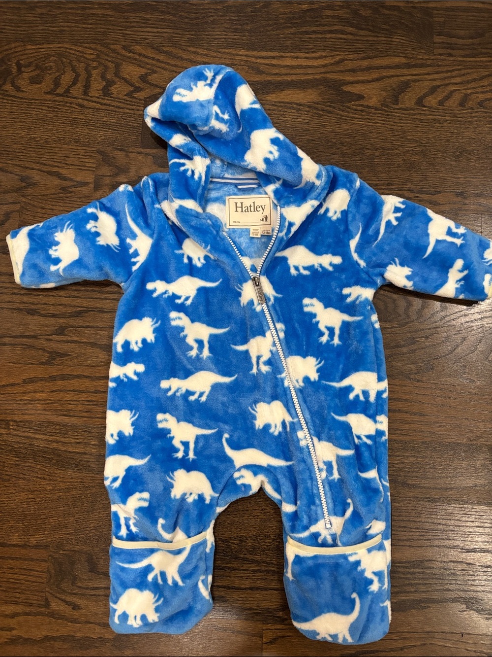12-18M Hatley Blue and White Dinosaur Fleece Hooded One-Piece